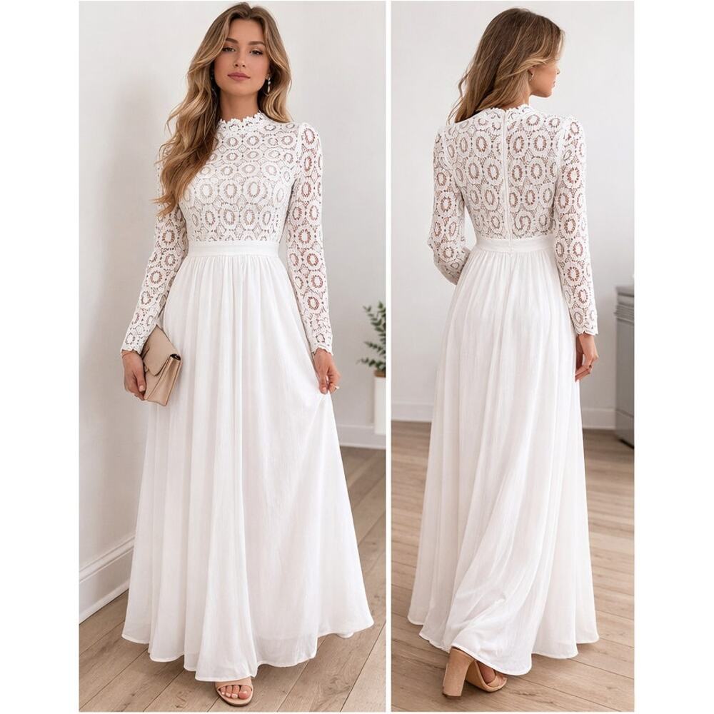 Ivy City Co White Lace High-Neck Maxi Dress